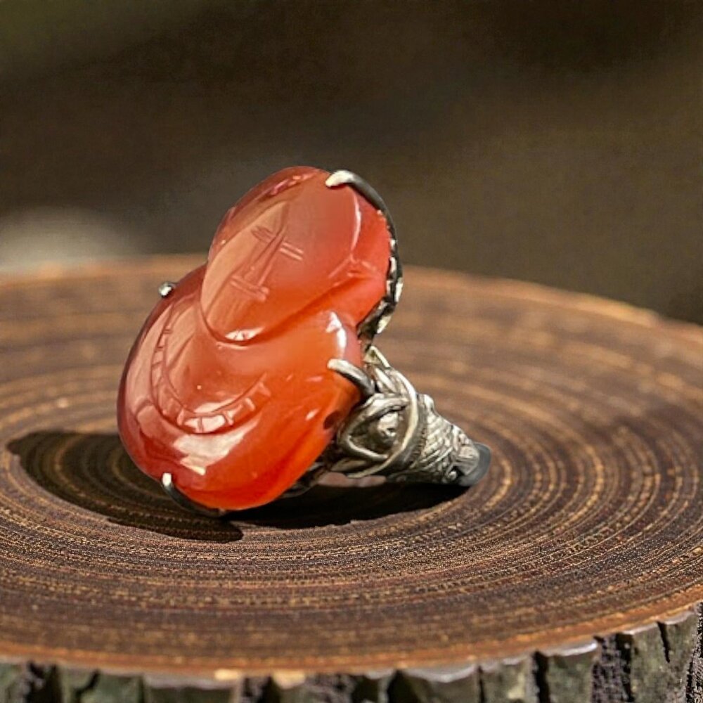 Estate Antique Sterling Silver Carved Carnelian Buddha Ring Adjustable SZ 7.5
